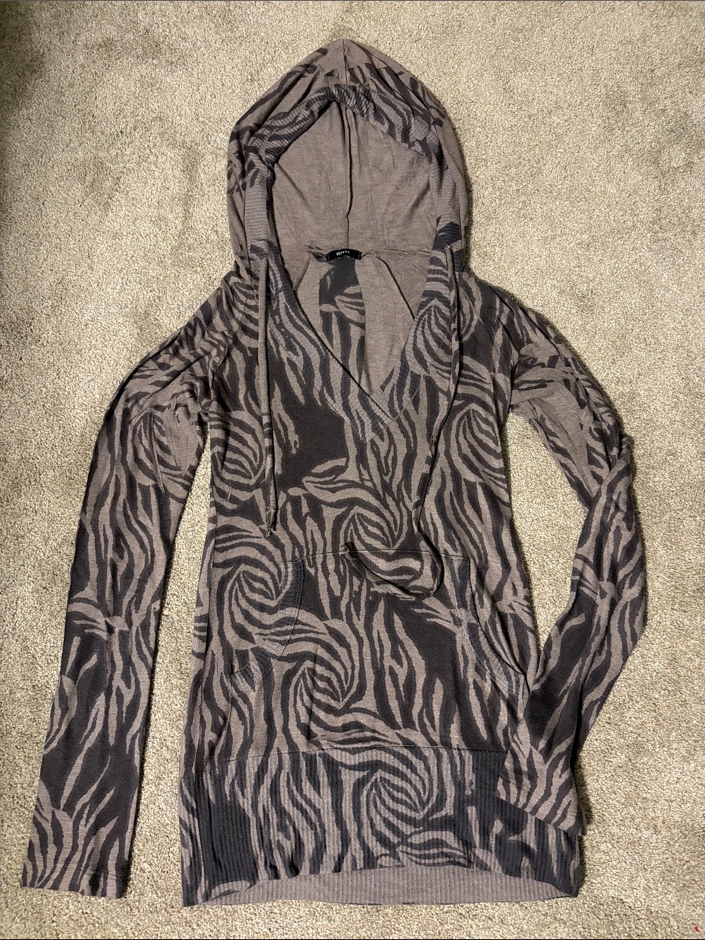 Women's Hooded Zebra-Print Pullover Sweater - Grey